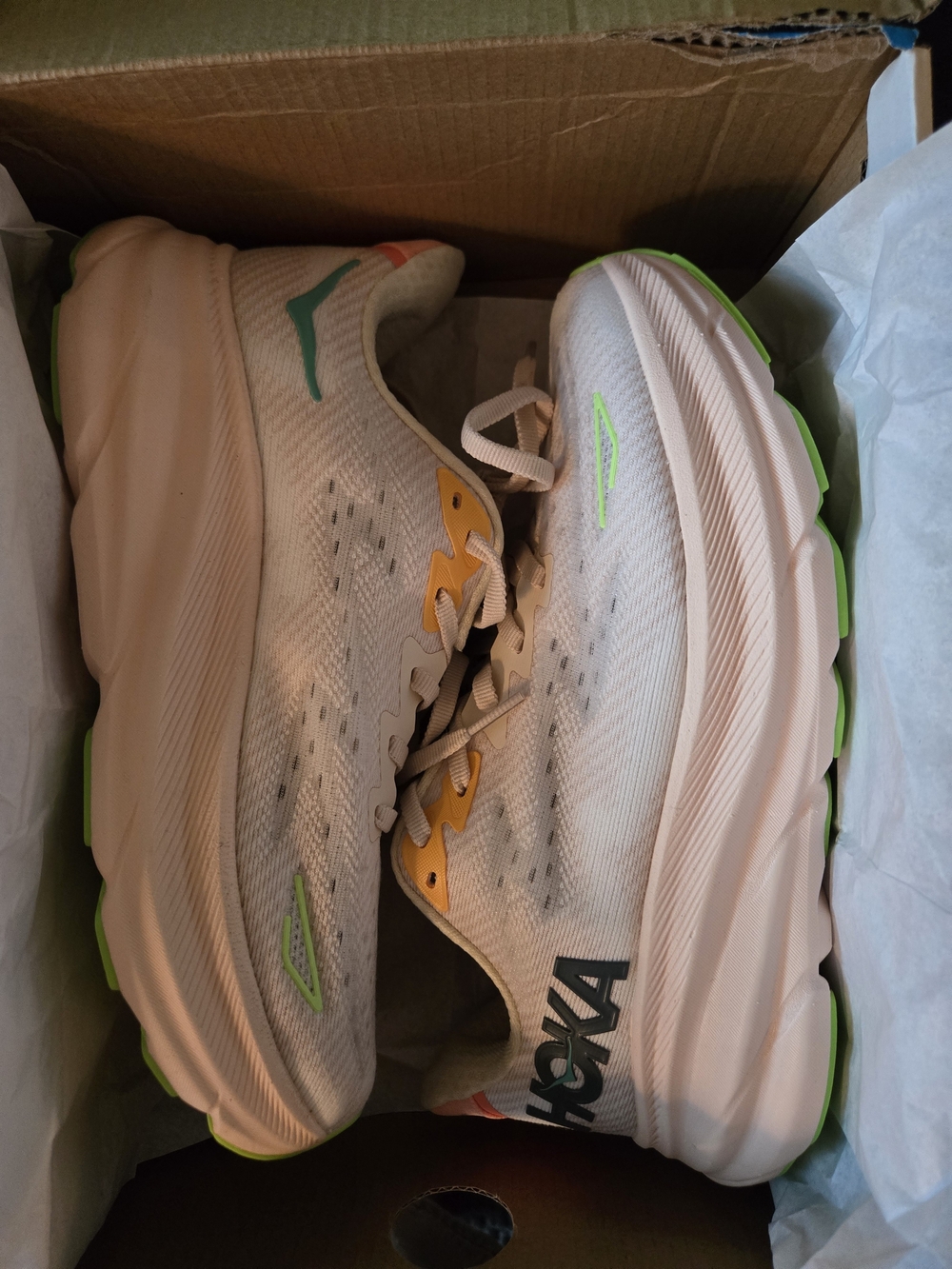 HOKA Women's Neutral Running Shoes - White with Lime & Yellow Accents